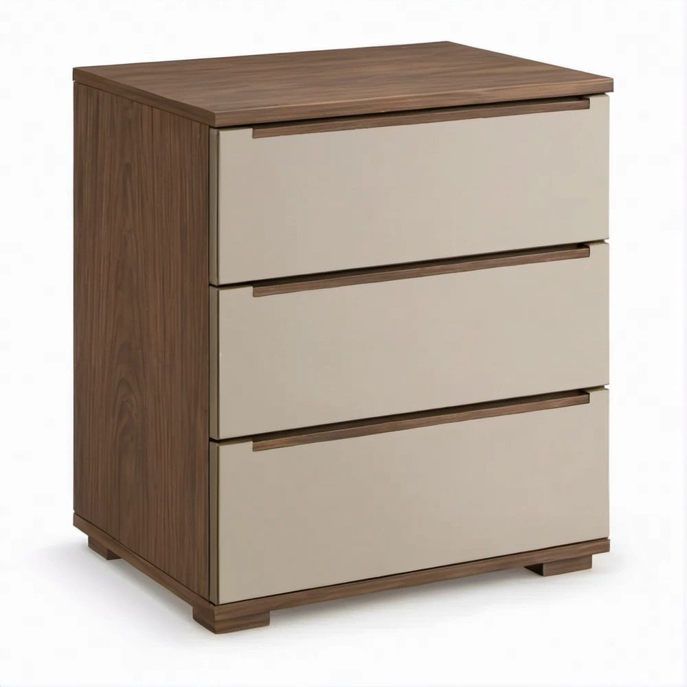Comodino a 3 cassetti in noce e beige, 60 x 40 x 65 cm