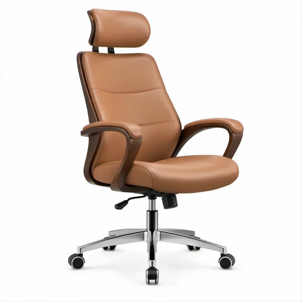Poltrona direzionale girevole in pelle sintetica PU marrone con poggiatesta, 68 x 68 x 118-128 cm