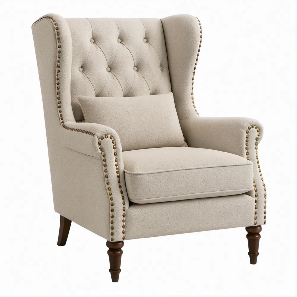 Poltrona con schienale alto capitonné beige, gambe in legno massello, 80 x 86 x 112 cm