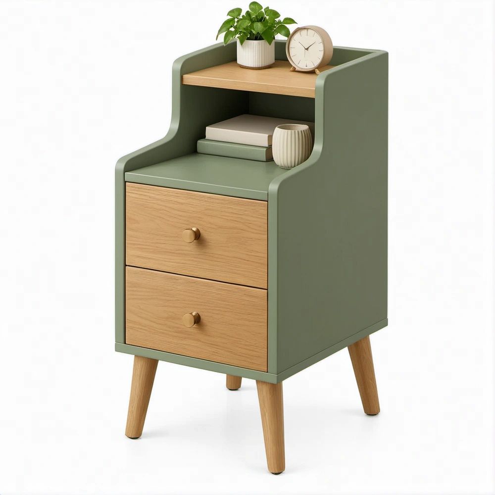 Comodino verde salvia e rovere naturale con 2 cassetti, 40 x 35 x 80 cm