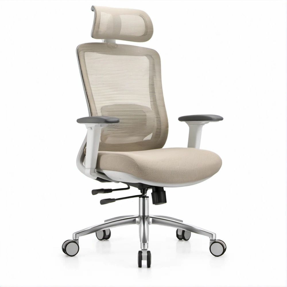 Sedia da ufficio ergonomica girevole Beige con poggiatesta regolabile, 65 x 65 x 119-129 cm