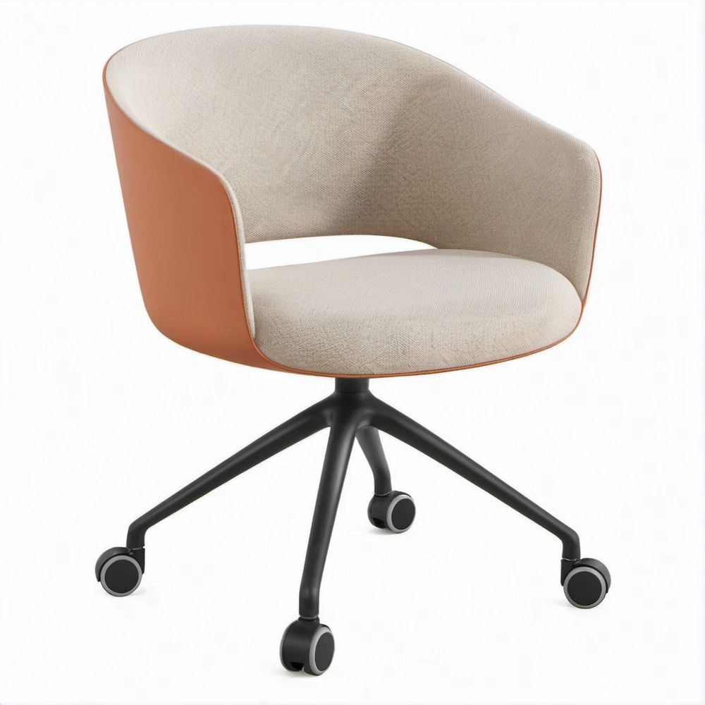 Poltrona girevole con ruote beige, terracotta e nera in poliestere e PU, 65 x 65 x 80 cm