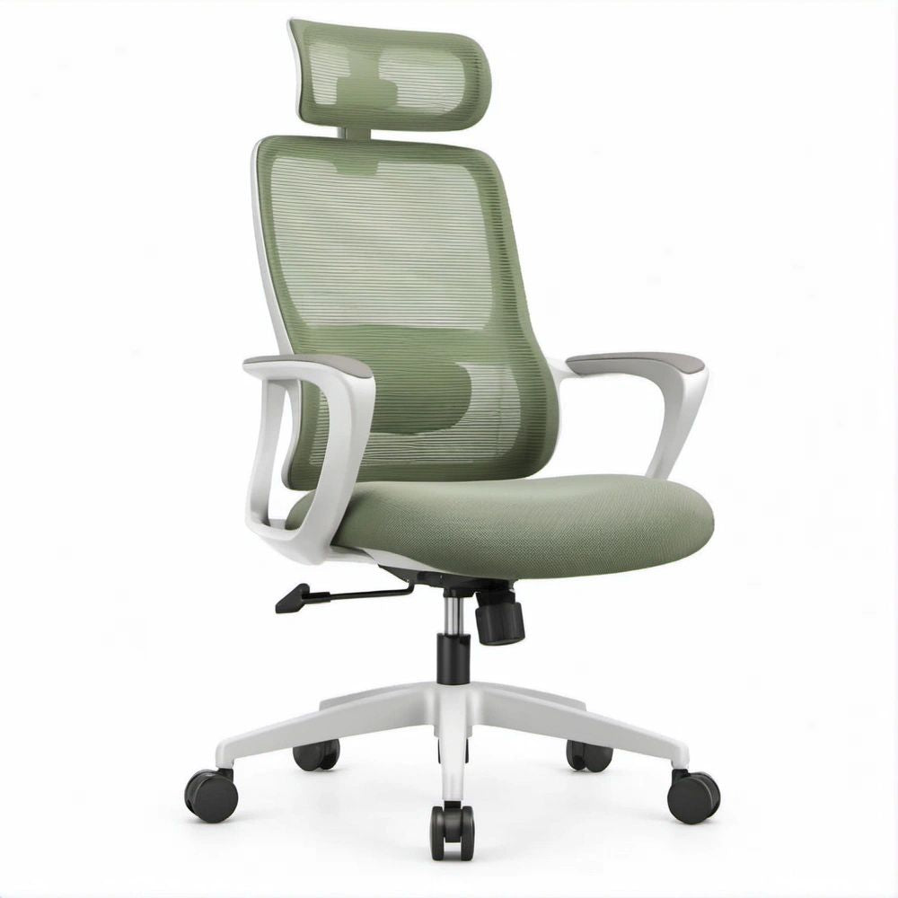 Sedia da ufficio ergonomica girevole verde salvia e bianca con poggiatesta, 64 x 64 x 116-126 cm