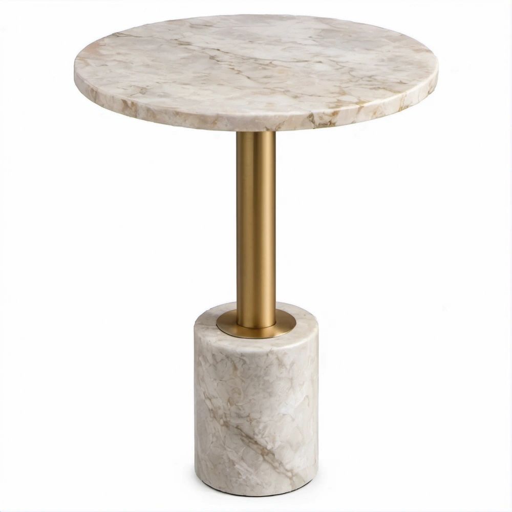 Tavolino laterale rotondo in marmo bianco venato e ottone Ø 50 x H 60 cm