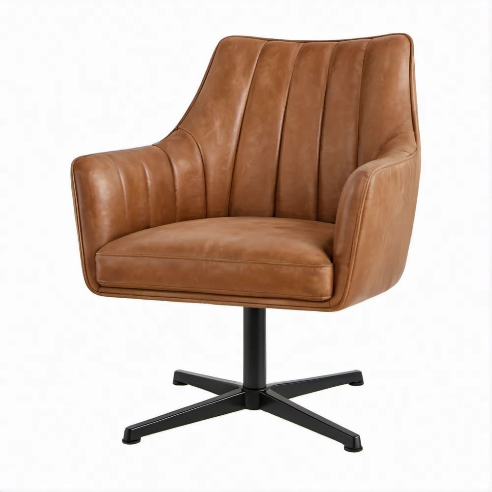 Poltrona girevole in pelle sintetica marrone con base nera a 4 razze, 75 x 78 x 90 cm