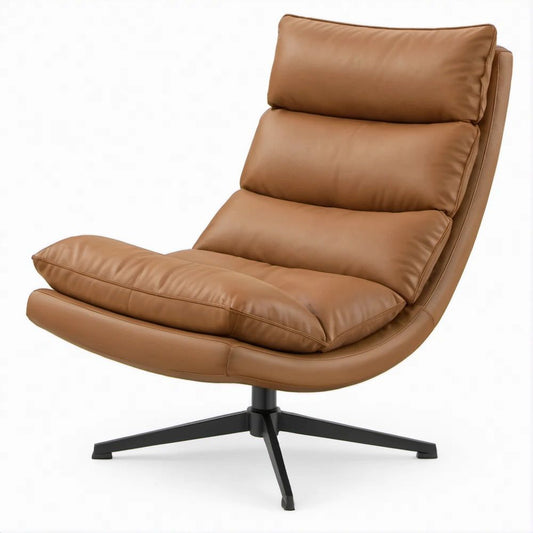 Poltrona girevole in pelle sintetica color cognac con base nera, 78 x 85 x 100 cm