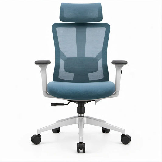 Sedia ergonomica girevole in rete Blu Petrolio e Grigio Chiaro con poggiatesta, 65 x 65 x 116-126 cm