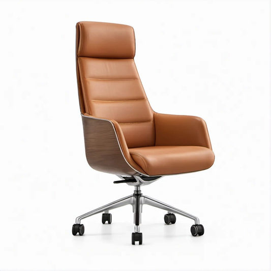 Sedia direzionale girevole con schienale alto in ecopelle PU cognac, 68 x 68 x 118-128 cm