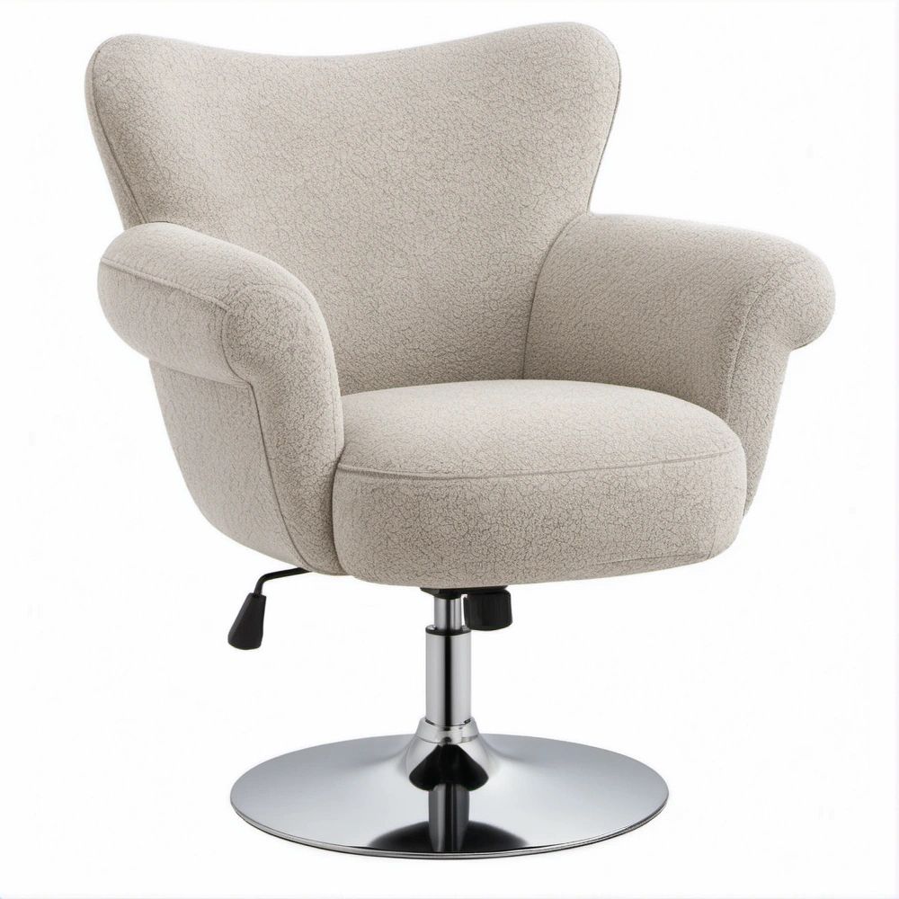 Poltrona a orecchioni girevole e reclinabile color crema in tessuto bouclé, 76 x 76 x 105-115 cm