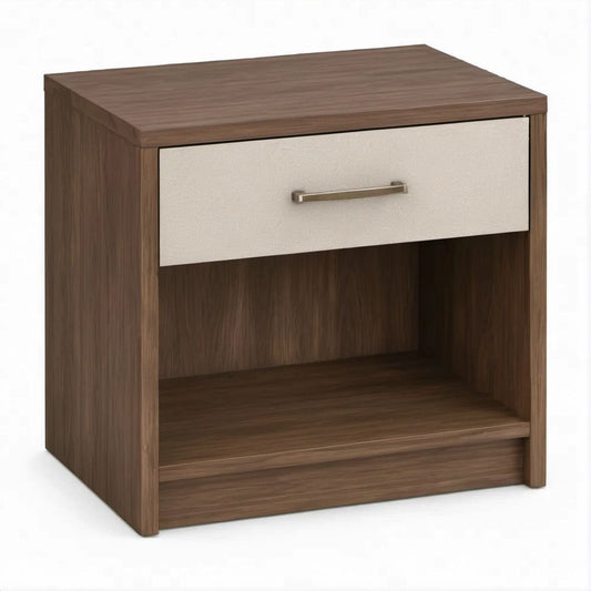Comodino con cassetto e vano a giorno, Noce e Beige, 45 x 40 x 55 cm