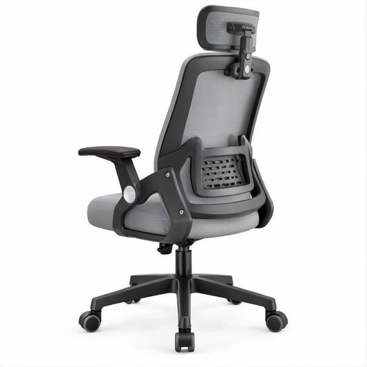 Sedia ergonomica girevole grigia e nera con schienale alto, poggiatesta e supporto lombare regolabili, 66 x 66 x 116-126 cm
