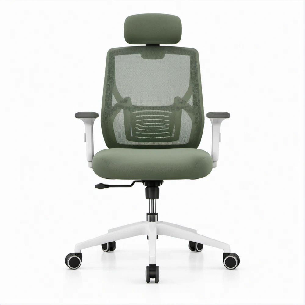 Sedia da ufficio ergonomica verde oliva con poggiatesta, schienale alto in rete e base bianca, 64 x 64 x 116-126 cm