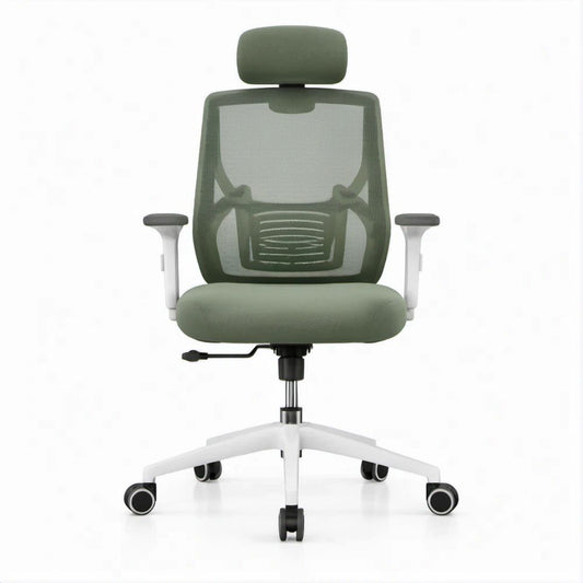 Sedia da ufficio ergonomica verde oliva con poggiatesta, schienale alto in rete e base bianca, 64 x 64 x 116-126 cm