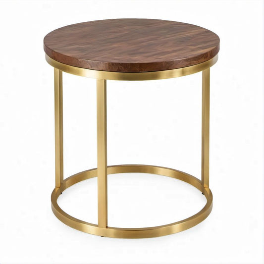 Tavolino laterale rotondo in MDF effetto noce e acciaio oro satinato, Ø 50 x 55 cm