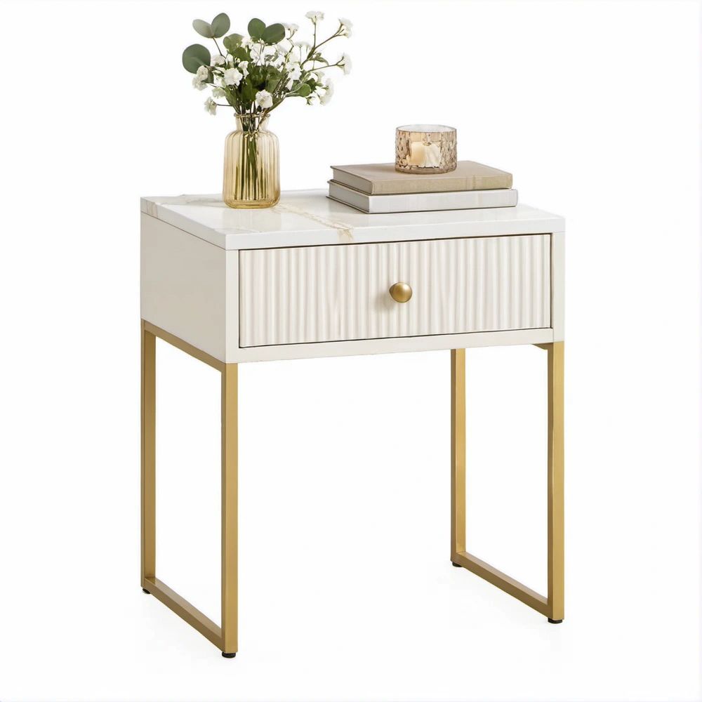 Comodino rettangolare bianco e oro con cassetto, 45 x 35 x 60 cm