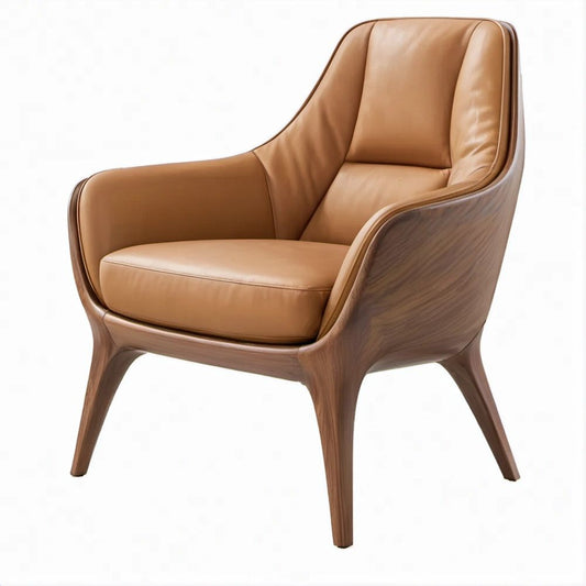 Poltrona lounge con braccioli in ecopelle marrone chiaro e legno di noce, 76 x 82 x 98 cm