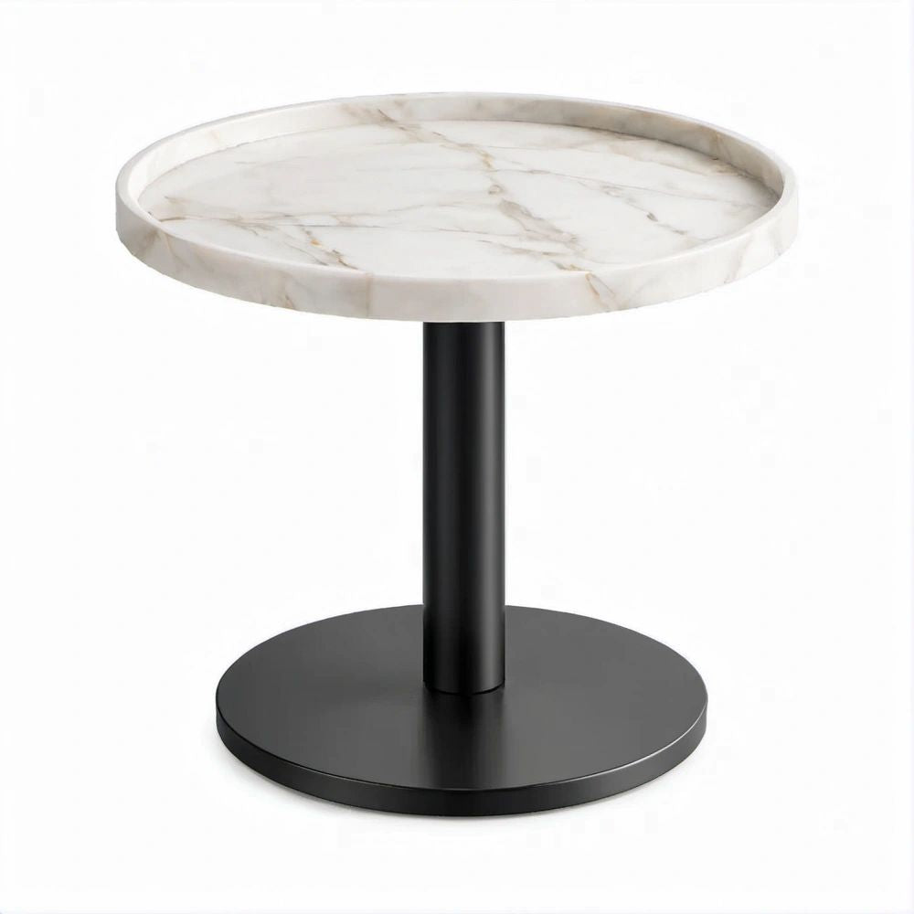 Tavolino laterale rotondo effetto marmo bianco con base nera Ø45 x 50 cm