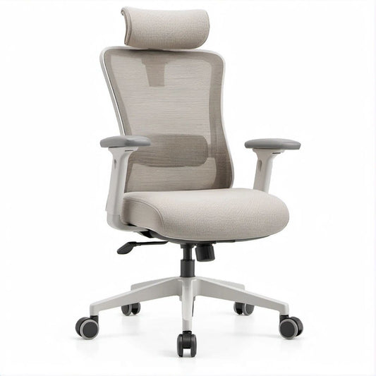 Sedia ergonomica da ufficio beige e grigio chiaro con poggiatesta, 67 x 67 x 116-126 cm