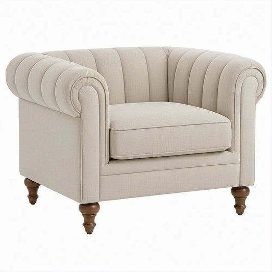 Poltrona imbottita beige con schienale curvo e piedini marrone scuro, 105 x 90 x 80 cm