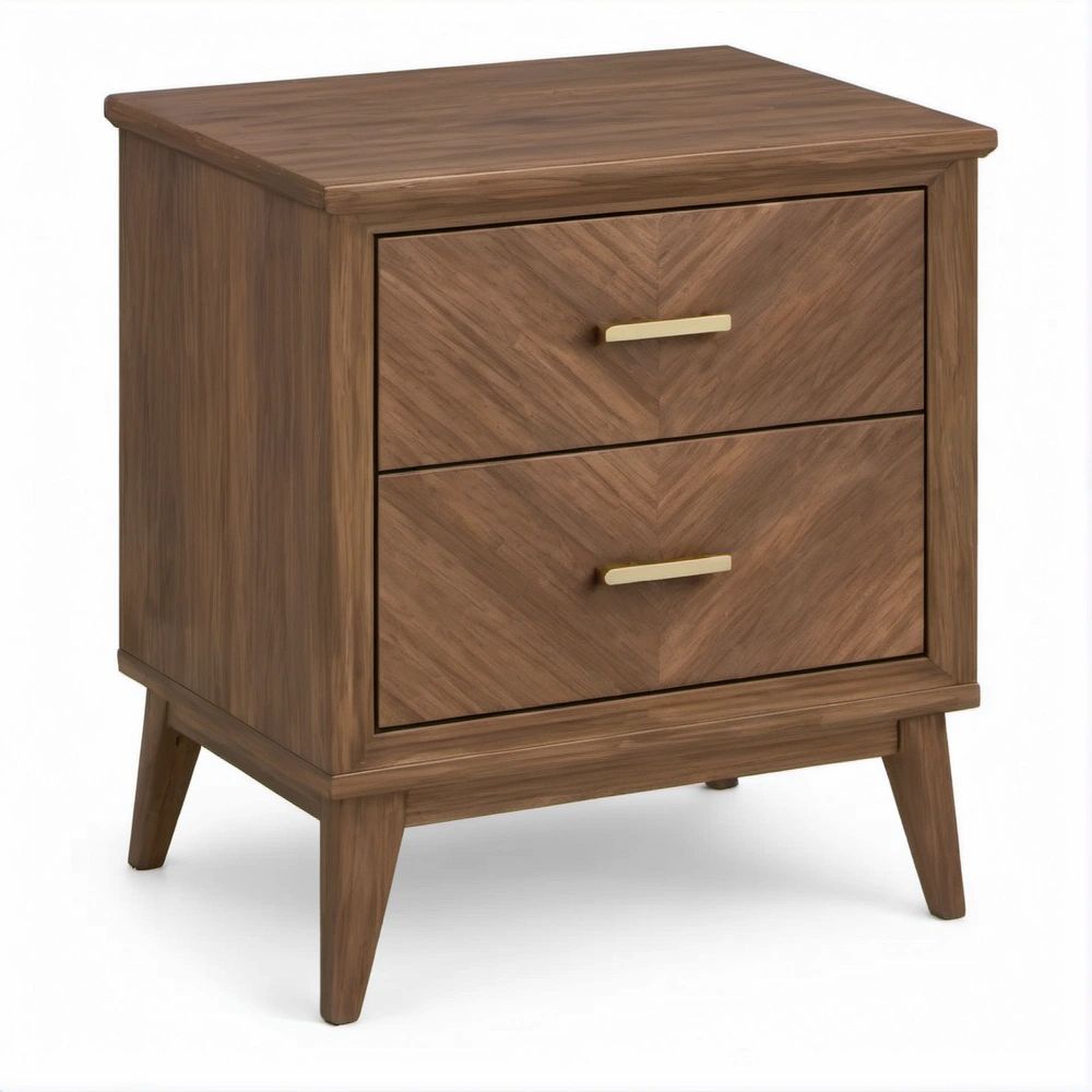 Comodino in MDF effetto noce 50 x 40 x 60 cm con 2 cassetti e maniglie color ottone