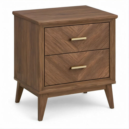 Comodino in MDF effetto noce 50 x 40 x 60 cm con 2 cassetti e maniglie color ottone